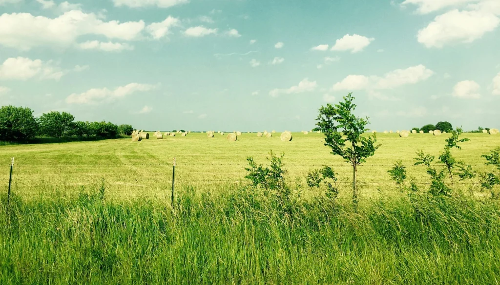 Big sky with a beautiful field with rolled bailed hay
