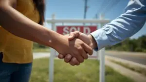 Handshake between land buyer and seller in front of sold sign, bright day, successful land sale concept — realistic tone.