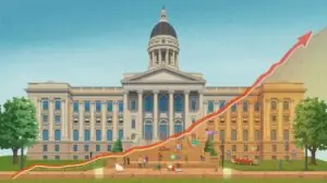 Local government services like schools and roads funded by rising property taxes.