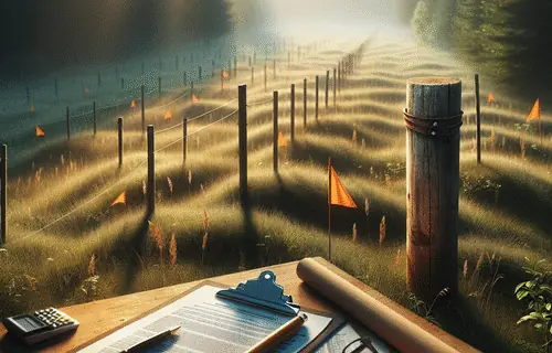 Overhead view of vacant land with survey stakes and flags, plus desk scene with property documents