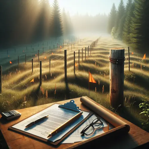 Overhead view of vacant land with survey stakes and flags, plus desk scene with property documents