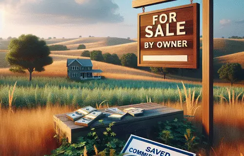 Empty rural land with For Sale By Owner sign, featuring cash overlay symbolizing direct sales savings