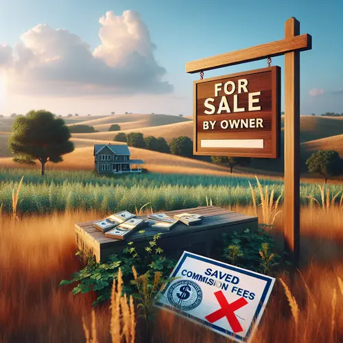 Empty rural land with For Sale By Owner sign, featuring cash overlay symbolizing direct sales savings