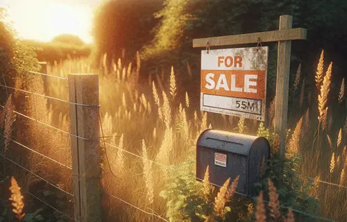 Empty rural land plot with overgrown grass and weathered 'For Sale' sign, shot during golden hour