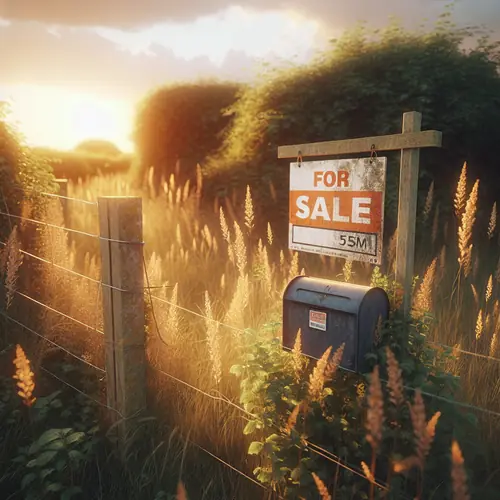 Empty rural land plot with overgrown grass and weathered 'For Sale' sign, shot during golden hour