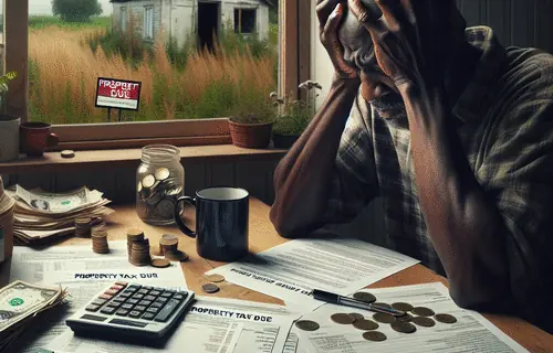 Frustrated property owner at table with tax bills, calculator, and coins; vacant overgrown land visible