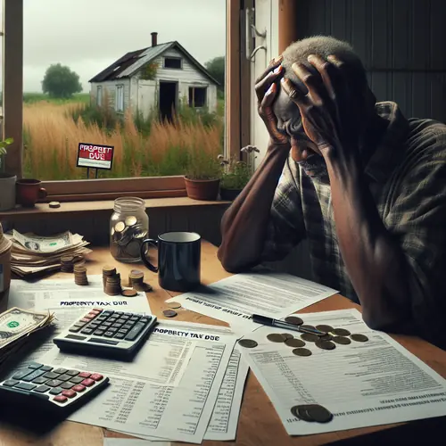 Frustrated property owner at table with tax bills, calculator, and coins; vacant overgrown land visible