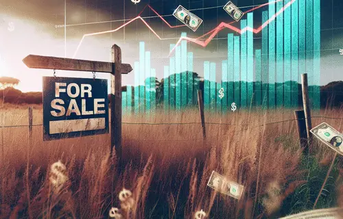 Empty rural land with FOR SALE sign and rising tax graph overlay symbolizing property tax burden