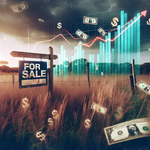 Empty rural land with FOR SALE sign and rising tax graph overlay symbolizing property tax burden
