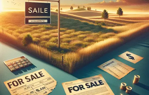 Scenic undeveloped land with For Sale sign, rolling hills, and tax benefit overlay graphics