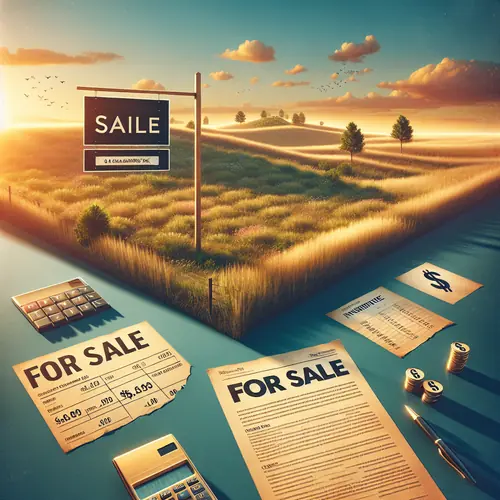 Scenic undeveloped land with For Sale sign, rolling hills, and tax benefit overlay graphics