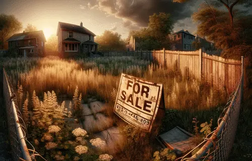 Overgrown vacant lot with weathered For Sale sign, tall weeds, rusted fence, suburban setting, golden hour