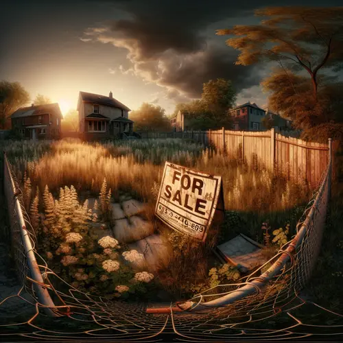 Overgrown vacant lot with weathered For Sale sign, tall weeds, rusted fence, suburban setting, golden hour