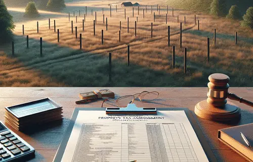 Aerial view of vacant rural land with rolling hills, trees, and survey stakes, with legal documents