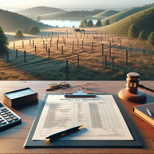Aerial view of vacant rural land with rolling hills, trees, and survey stakes, with legal documents