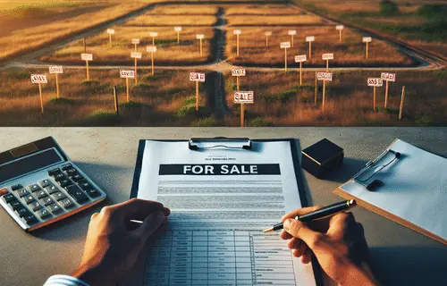 Aerial view of vacant land with boundary markers, hands reviewing property tax documents and calculator