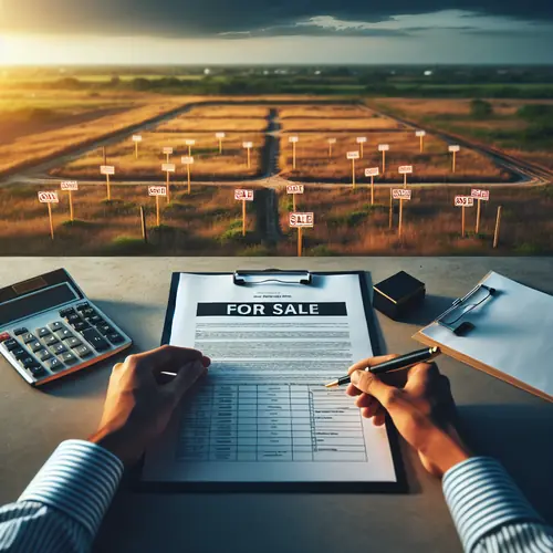 Aerial view of vacant land with boundary markers, hands reviewing property tax documents and calculator