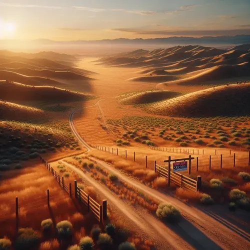 Aerial view of undeveloped land for sale with rolling hills, dirt road, and golden sunset lighting