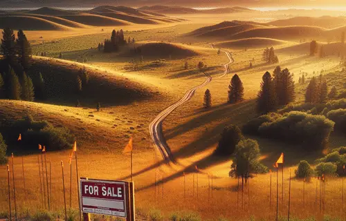 Aerial view of undeveloped rural land with rolling hills, dirt road, orange survey flags, and For Sale sign