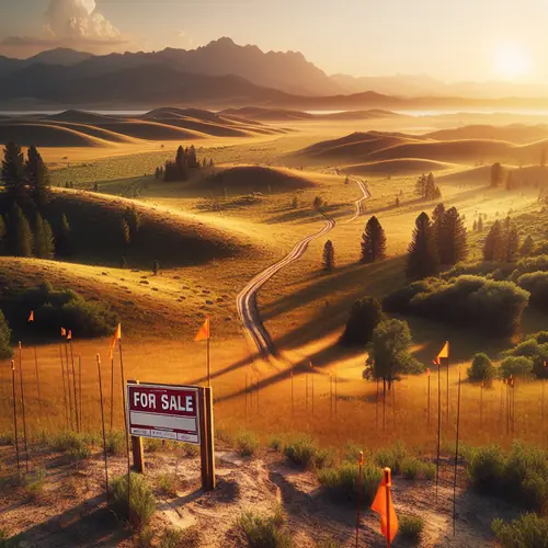 Aerial view of undeveloped rural land with rolling hills, dirt road, orange survey flags, and For Sale sign