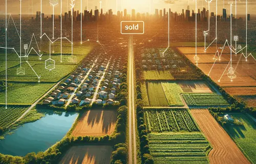 Aerial view of undeveloped land with survey markers transitioning to valuable developed property