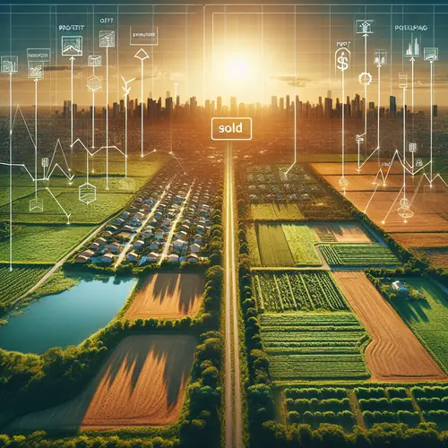 Aerial view of undeveloped land with survey markers transitioning to valuable developed property