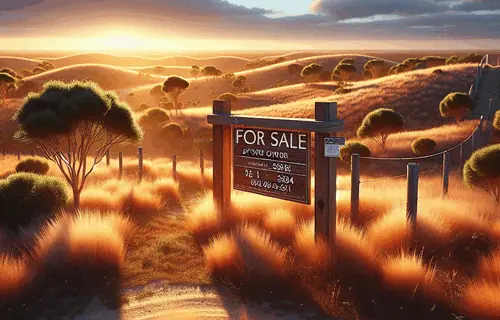 Aerial view of vacant land for sale with wooden FSBO sign, rolling hills, golden hour lighting