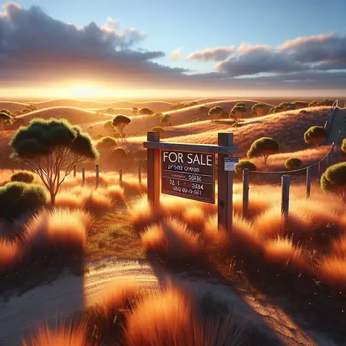 Aerial view of vacant land for sale with wooden FSBO sign, rolling hills, golden hour lighting