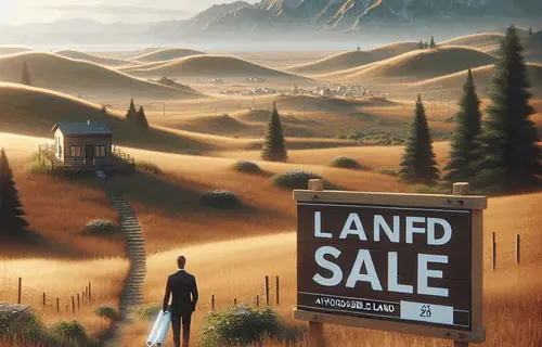 Expansive undeveloped land with rolling hills, wildflowers, and 'Land For Sale' sign under blue sky