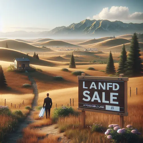 Expansive undeveloped land with rolling hills, wildflowers, and 'Land For Sale' sign under blue sky