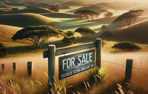 Expansive undeveloped land plot with rolling grass terrain, scattered trees, and wooden 'For Sale' sign