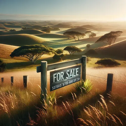 Expansive undeveloped land plot with rolling grass terrain, scattered trees, and wooden 'For Sale' sign