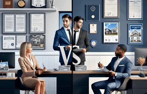 Split-screen office scene comparing REALTOR® with NAR credentials vs real estate agent, both helping clients