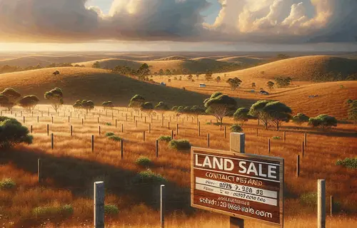 Expansive undeveloped land with rolling hills, natural vegetation, and prominent 'For Sale' sign