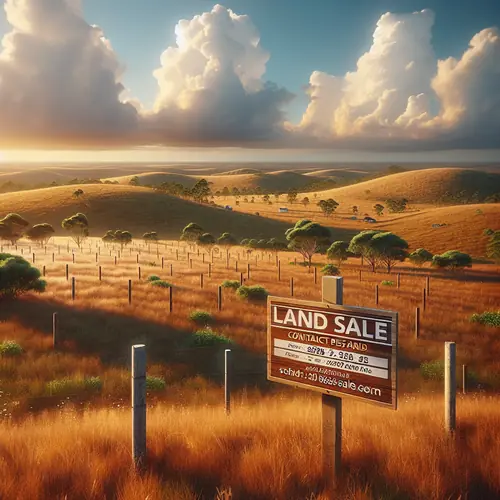 Expansive undeveloped land with rolling hills, natural vegetation, and prominent 'For Sale' sign