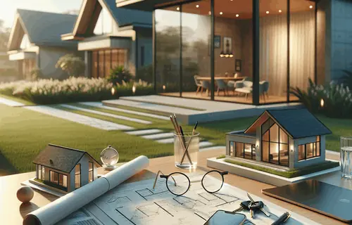 Professional real estate investing book cover with modern house, desk items, calculator, keys, blueprints