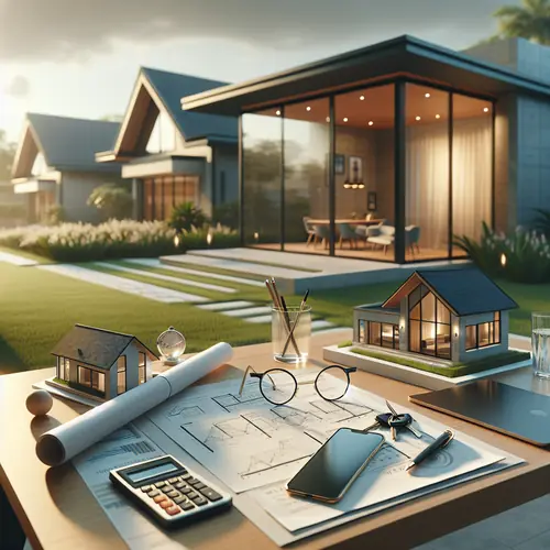 Professional real estate investing book cover with modern house, desk items, calculator, keys, blueprints