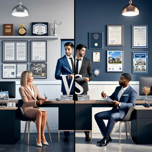 Split-screen office scene comparing REALTOR® with NAR credentials vs real estate agent, both helping clients