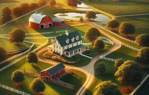 Aerial view of pristine farm property with red barn, white farmhouse, green pastures, and fencing
