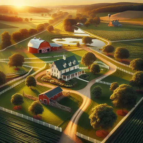 Aerial view of pristine farm property with red barn, white farmhouse, green pastures, and fencing