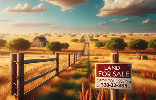 Professional real estate photo of rural land for sale with prominent red and white sign, rolling grassland, blue sky, and golden hour lighting