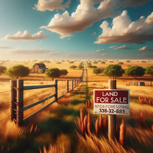 Professional real estate photo of rural land for sale with prominent red and white sign, rolling grassland, blue sky, and golden hour lighting