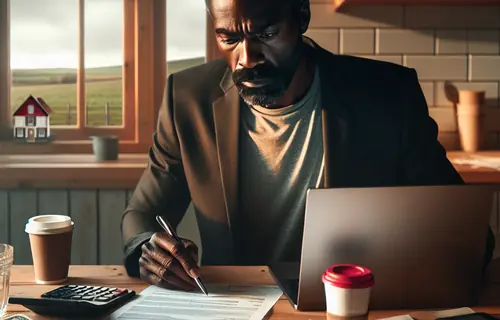 Property owner at table with tax documents, calculator & laptop, undeveloped land with FOR SALE sign visible