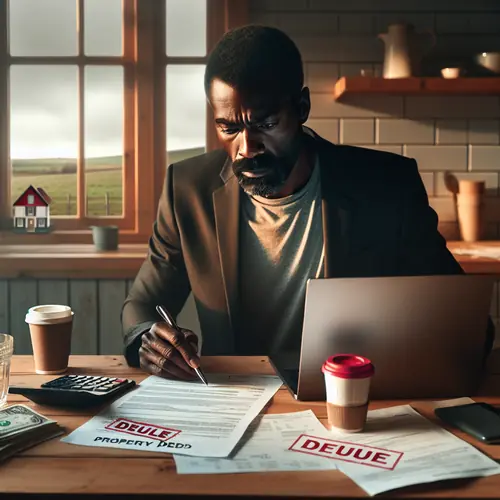 Property owner at table with tax documents, calculator & laptop, undeveloped land with FOR SALE sign visible