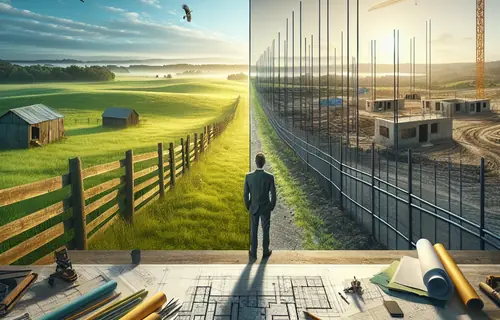 Split-screen showing untouched farmland vs modern housing development with landowner contemplating sale