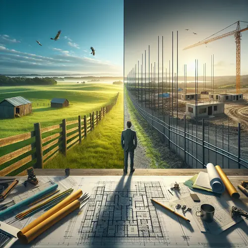 Split-screen showing untouched farmland vs modern housing development with landowner contemplating sale