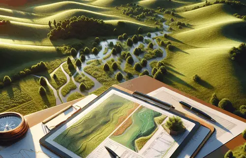 Aerial view of undeveloped green land with tablet displaying property maps and documents in foreground