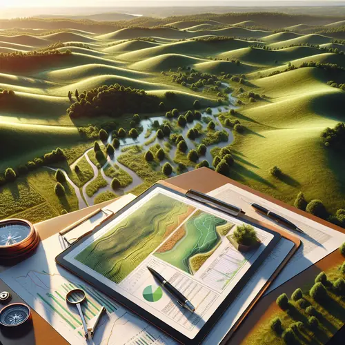 Aerial view of undeveloped green land with tablet displaying property maps and documents in foreground