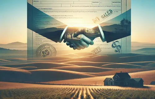 Vacant land with SOLD sign, handshake silhouette, and tax documents overlay - inheritance property sale