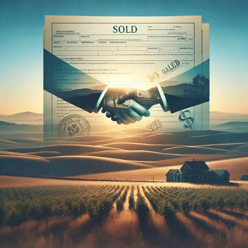 Vacant land with SOLD sign, handshake silhouette, and tax documents overlay - inheritance property sale